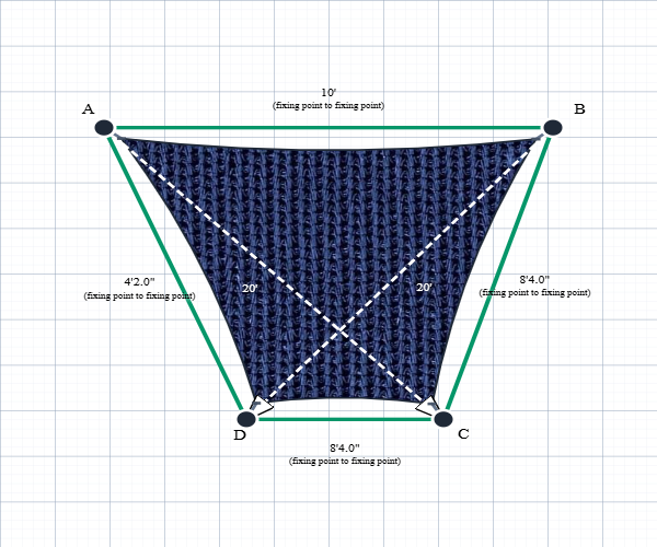 Custom Monotec 370 Shade Sail - Sheba Navy - 4 Corner - Technical Drawing