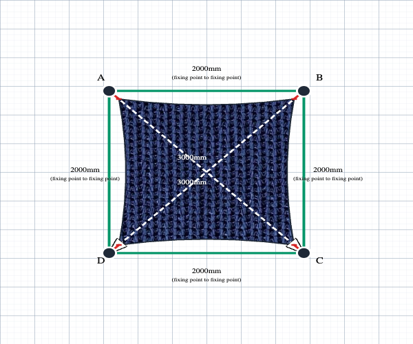 Custom Monotec 370 Shade Sail - Sheba Navy - 4 Corner - Technical Drawing