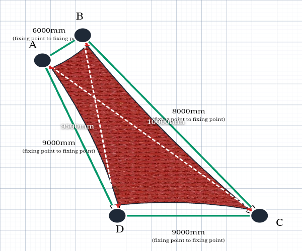 Custom Shadetec 320 Shade Sail - Lava Red - 4 Corner - Technical Drawing