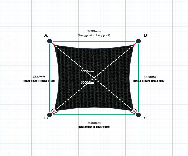Custom Monotec 370 Shade Sail - Domino Black - 4 Corner - Technical Drawing
