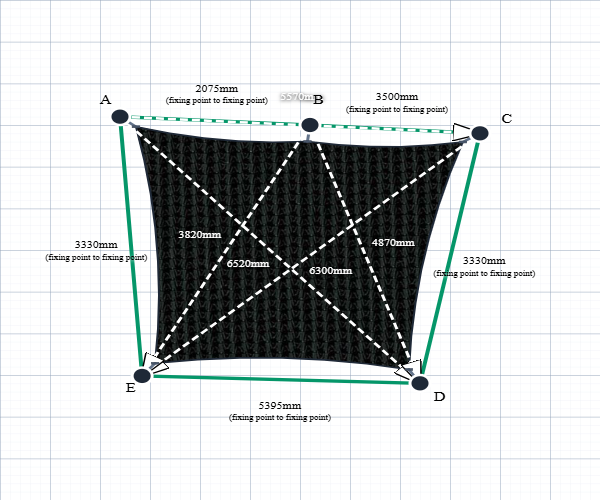 Custom Monotec 370 Shade Sail - Domino Black - 5 Corner - Technical Drawing